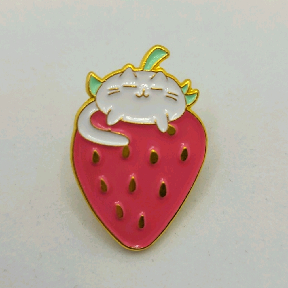 Pin: White Cat on Strawberry enamel pin